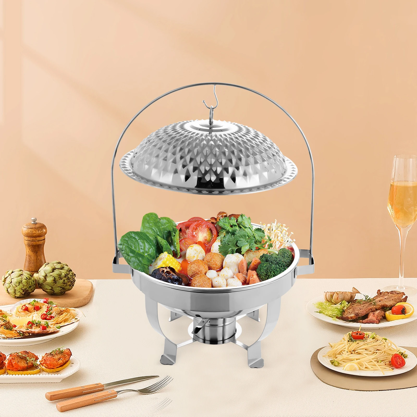 

Premium Diamond Hanging Lid Buffet Stove - Modern Round 6L Stainless Steel Food Warmer - Dishwasher Safe Countertop Dining Stove