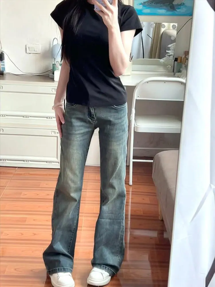 White Jeans For Women Straight Blue Casual Retro 2000S American Distressed Hole Ripped Female Clothing Unisex Basic Simple Long