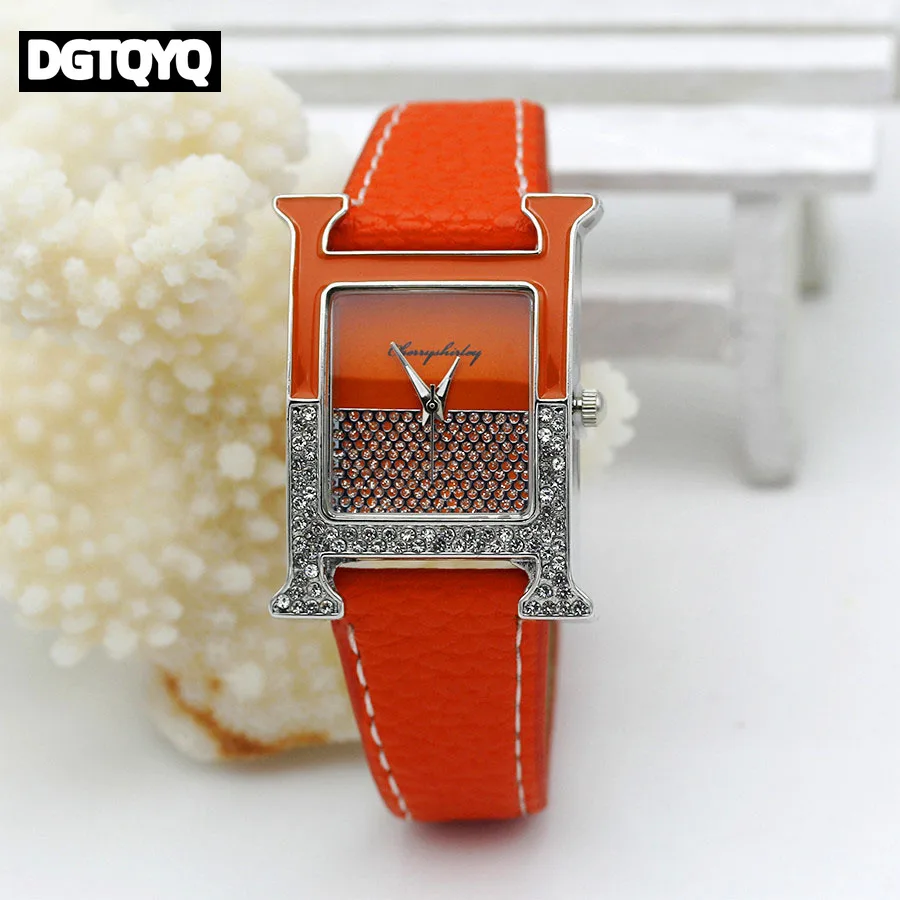 Casual Female Square Shaped WristWatch Leather Paint Rhinestone Designer Ladies Clock Women Dress Luxury Quartz Crystal Watch