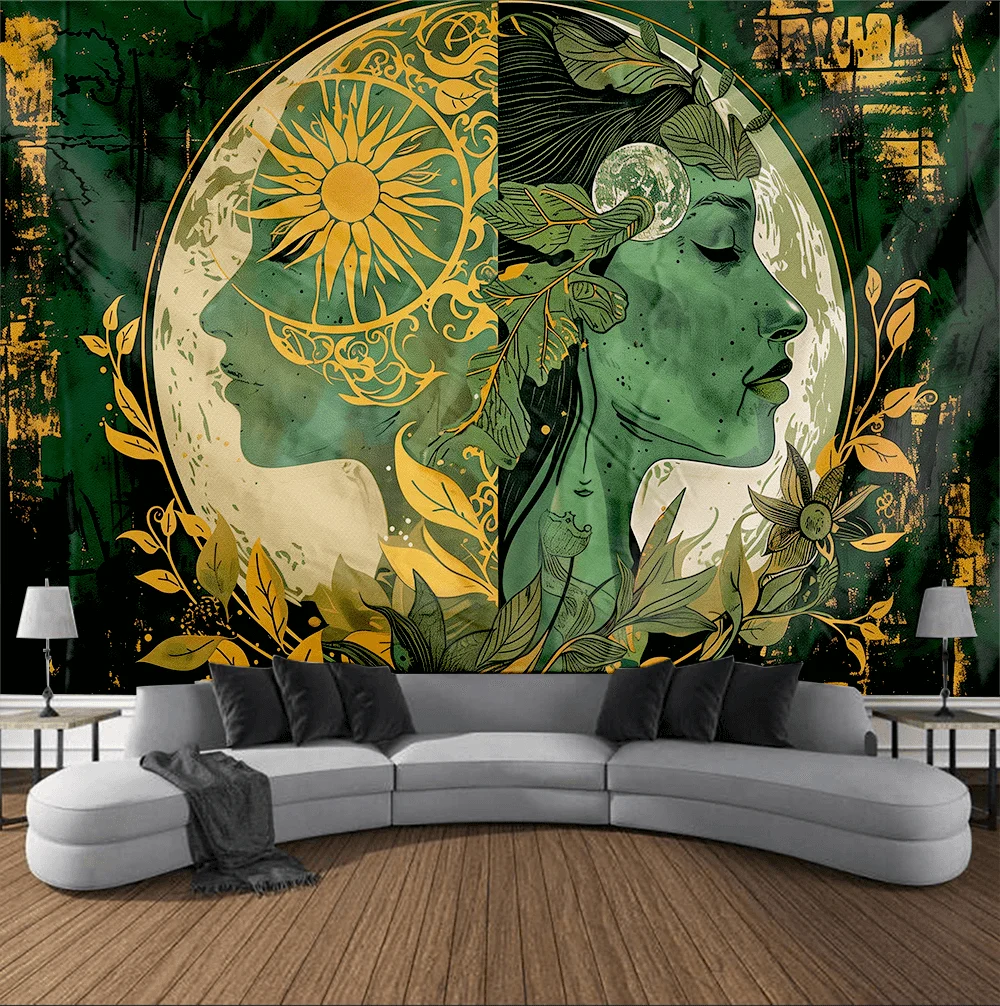 Sun & Moon Goddess Mandala Tapestry, Boho Wall Hanging, Mystic Tattoo Inspired Home Decor
