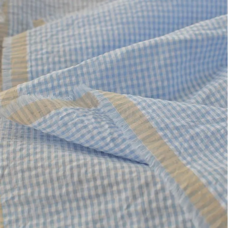 

Fresh cotton light blue and white checkered washed bubble fabric - summer lightweight DIY shirt dress pajama fabric