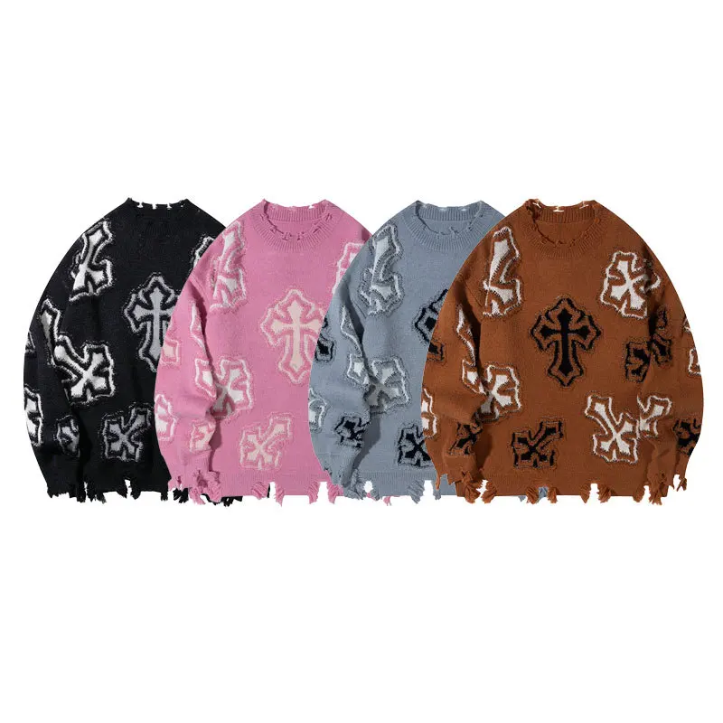 High street American trendy pullover sweater with fringes featuring bold printed characters loose and casual round-neck knitwear