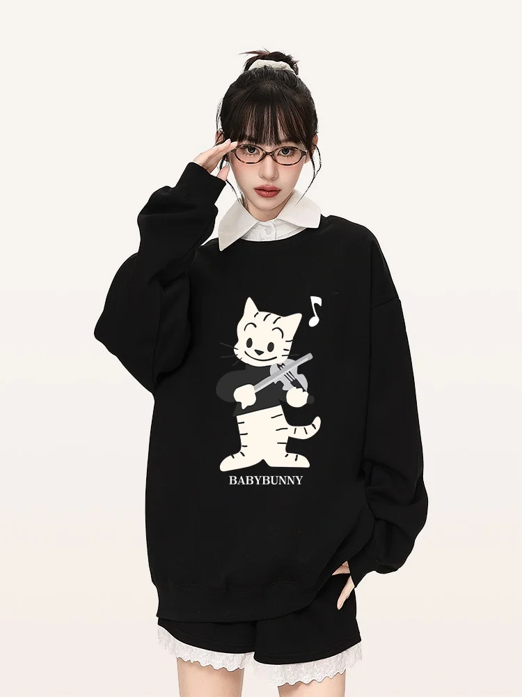 

2024 autumn and winter new cute cat printed hoodie sweater trendy brand sweater loose casual pure cotton hoodie sweater