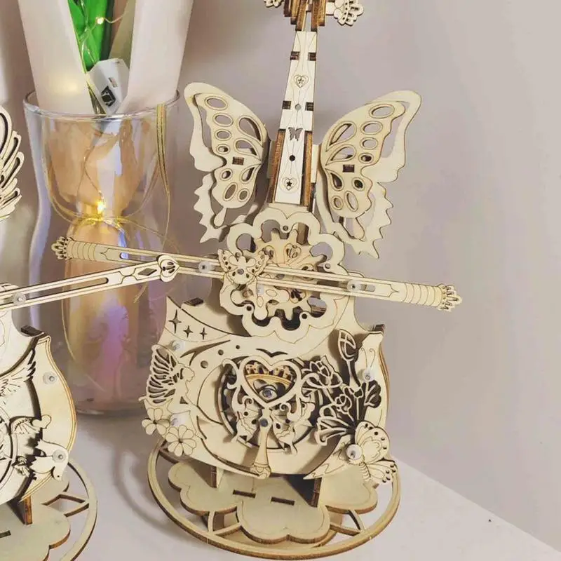

3D-пазлы, музыкальная шкатулка для виолончели, деревянная 3D-головоломка, музыкальная шкатулка для виолончели, головоломки ручной работы, строительные наборы для рукоделия, украшенные бабочкой