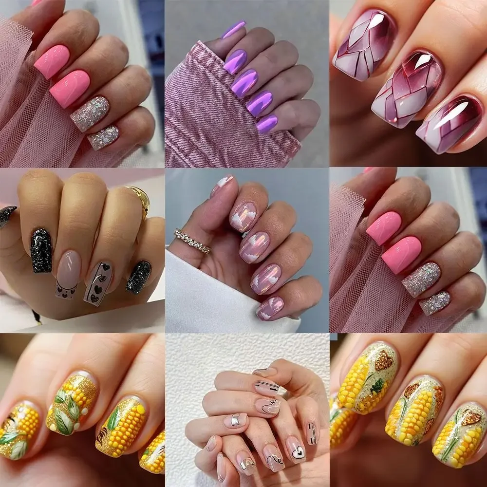 أزياء طويلة مربع الأظافر كاذبة الفرنسية أورورا الأرجواني وهمية نيلز الحب القلب انفصال الصحافة على الأظافر DIY