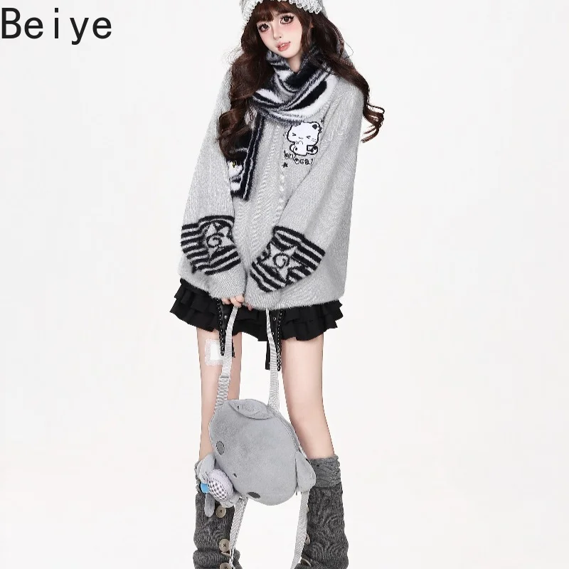 Women Kawaii Cartoon Cat Print Sweater with Matching Scarf Striped Oversized Knit Pullover Lady Y2K Harajuku Winter Warm Jumper