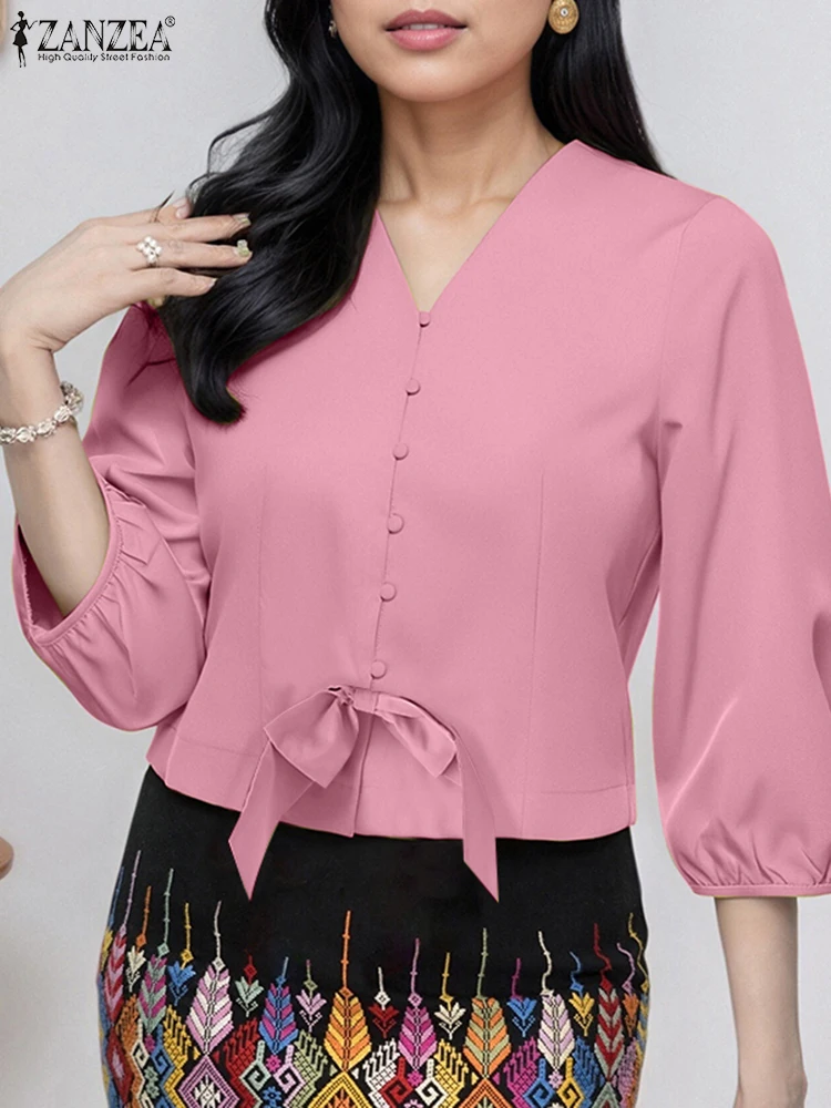 

ZANZEA Bow Shirts Women Blouse 2025 Fashion 3/4 Seeve Ruffled Tops Solid OL Work Tunic Femme Casual Loose Pullovers Oversized