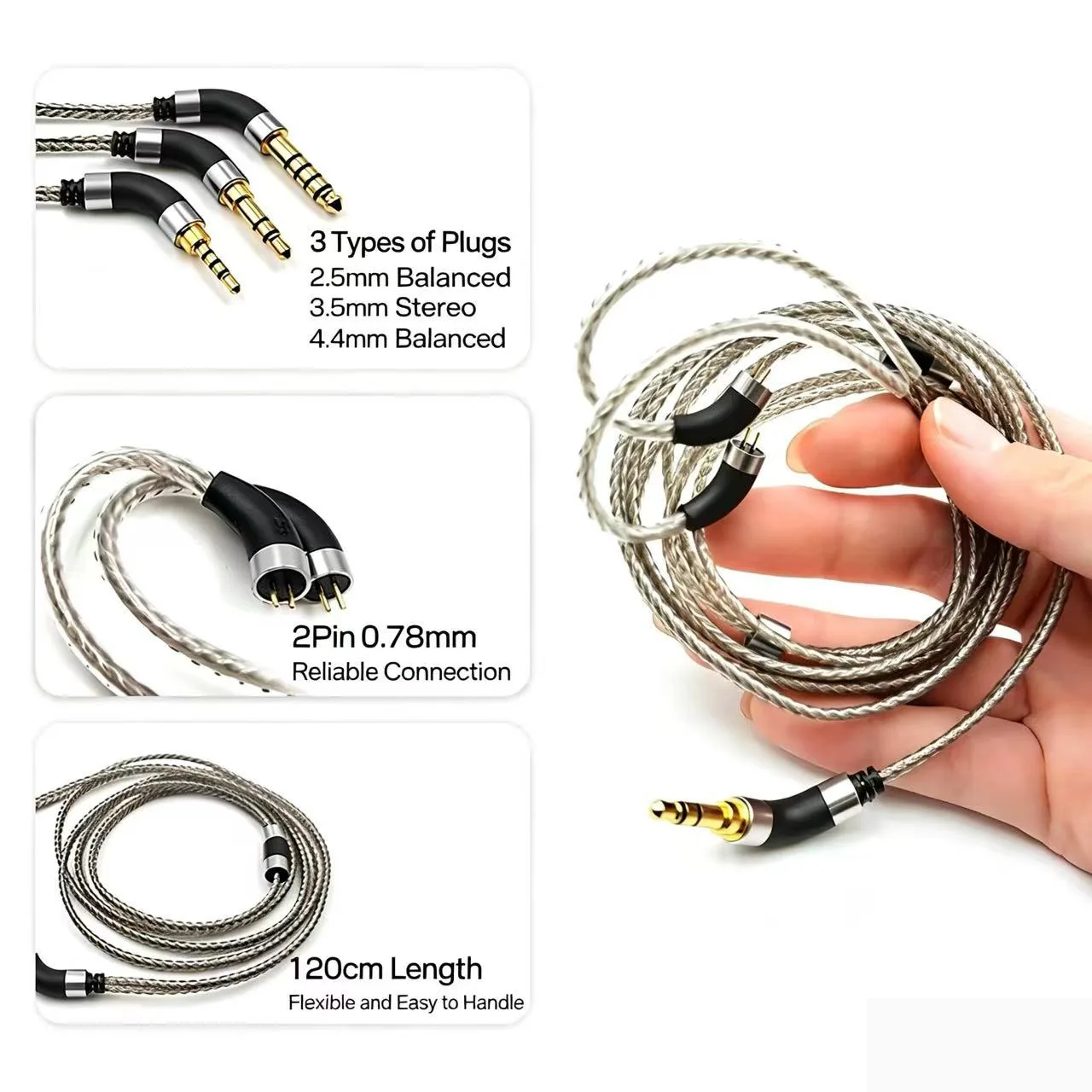 IEM Upgrade Cable, 2-Pin 0.78mm / MMCX Connector, 2.5mm / 4.4mm Balanced Wired Earphone Cable for Audiophile Headphones