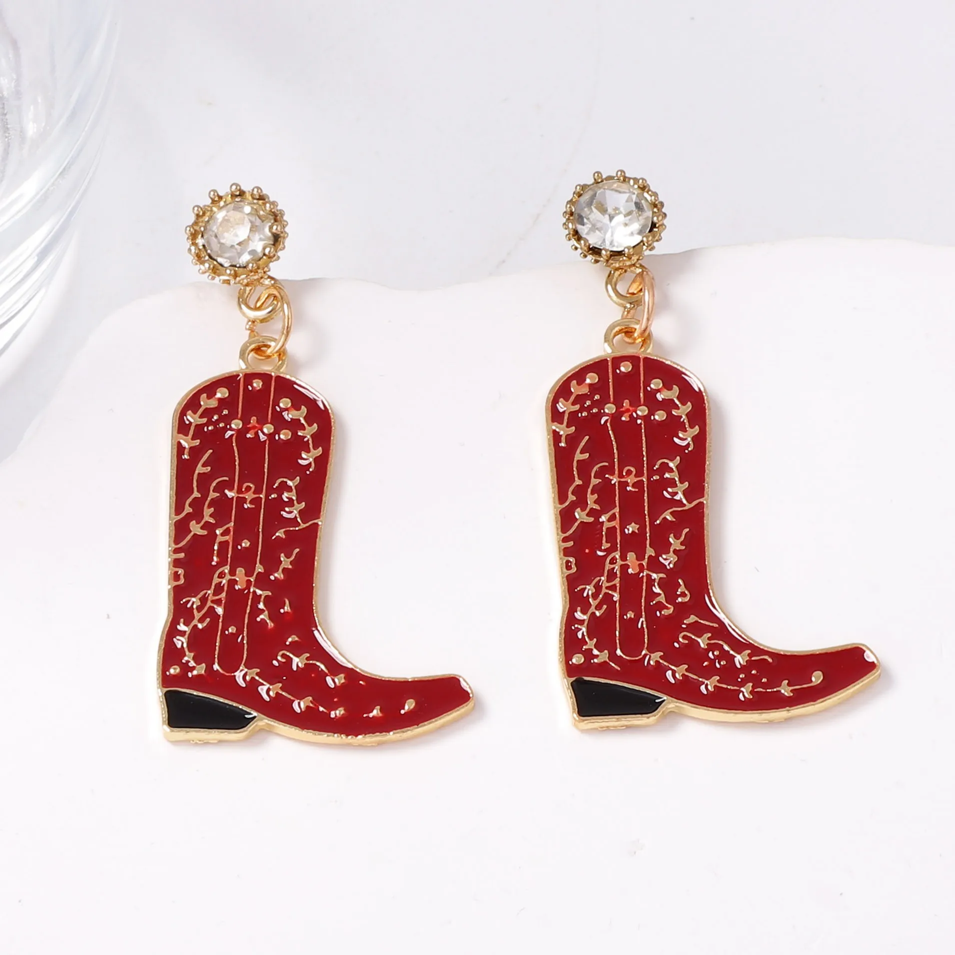 Trend light luxury niche design sense western denim style unique texture dark red boots earrings