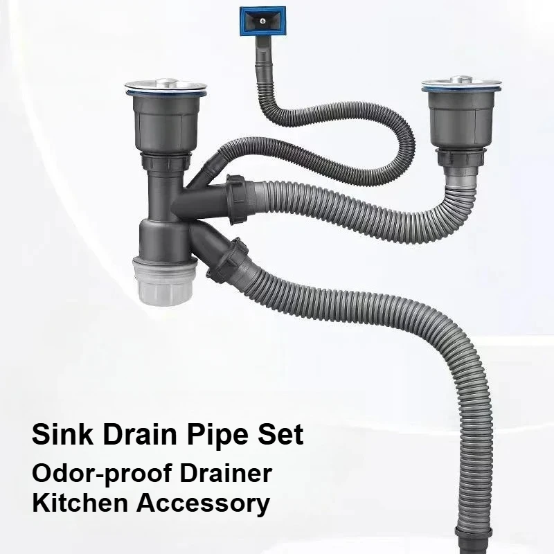 Kitchen Vegetable Washing Basin Downcomer Sink Double Trough Basin Drainer Deodorant Fittings Downcomer Drain Pipe Set