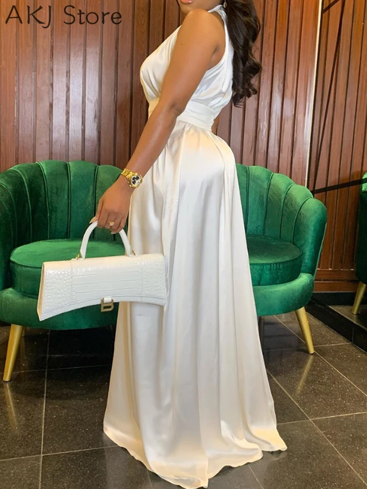 Summer Sleeveless Wide Leg Satin Jumpsuit Women Overall