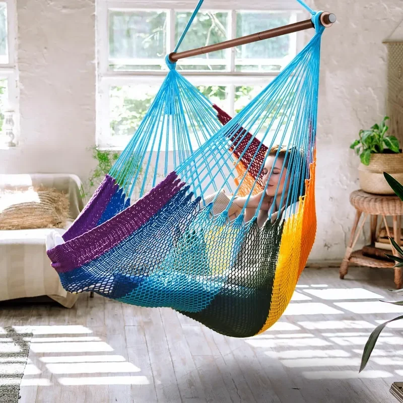 Upgraded Caribbean Hammock Chair with Detachable Metal Bar Large Hammock Swing Chair XL Rope Hanging Chair for Outdoor Indoor