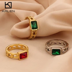 Vintage Small Square Crystal Stone Rings For Women Men Hip Hop Stainless Steel Thick Finger Ring 18K Gold Color Trendy Jewelry