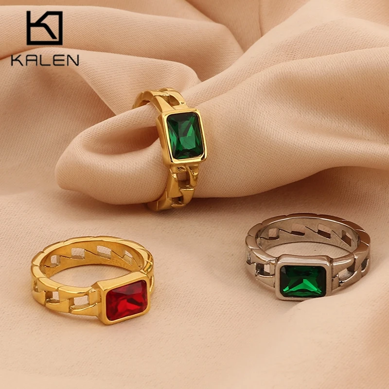 Vintage Small Square Crystal Stone Rings For Women Men Hip Hop Stainless Steel Thick Finger Ring 18K Gold Color Trendy Jewelry