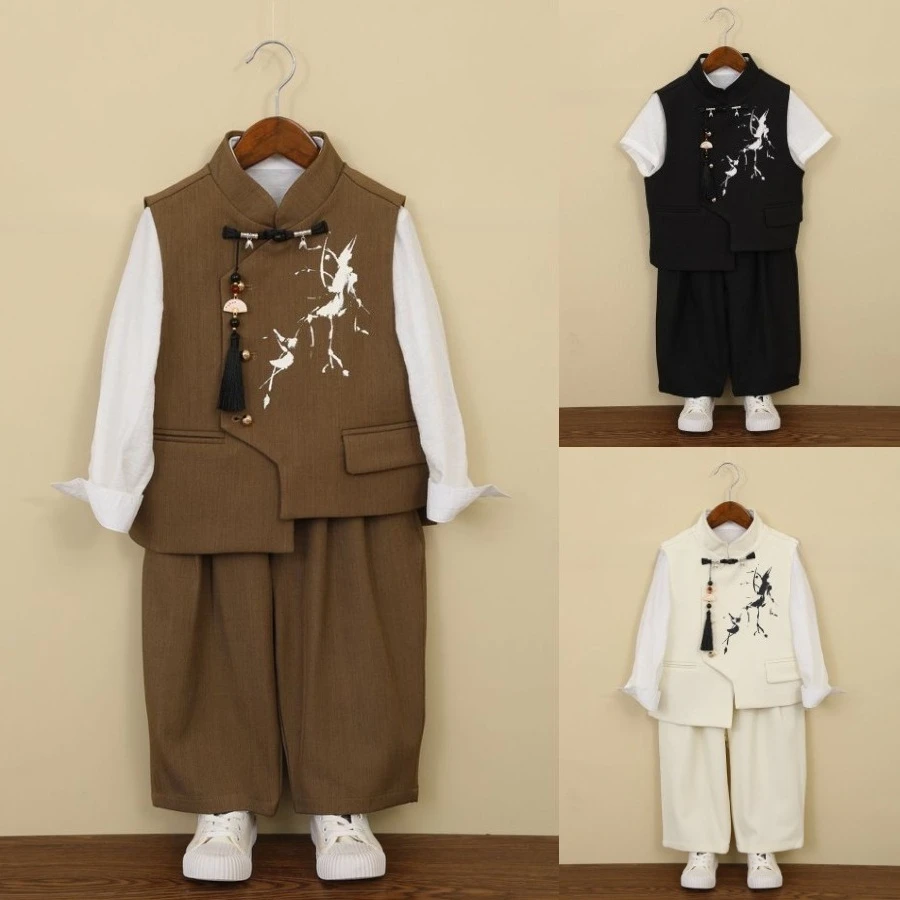 Boys Chinese Ink Deer Print Tang Suit Vest Set Inner Shirt Wide Pants for Kids Spring Festival Party Daily Performance Outfit