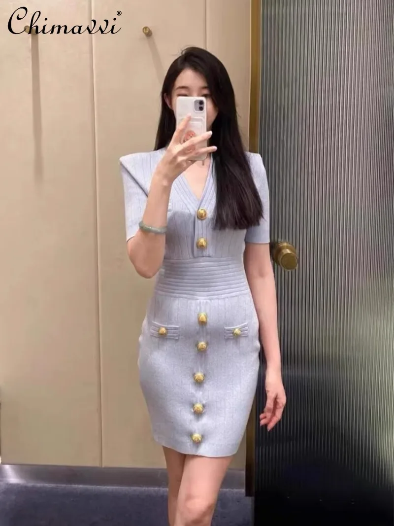

OL Knitted Dress Women's Luxury High-end Fashion Short-sleeved V-neck Temperament Slim-fitting Hip Dress Spring and Summer New