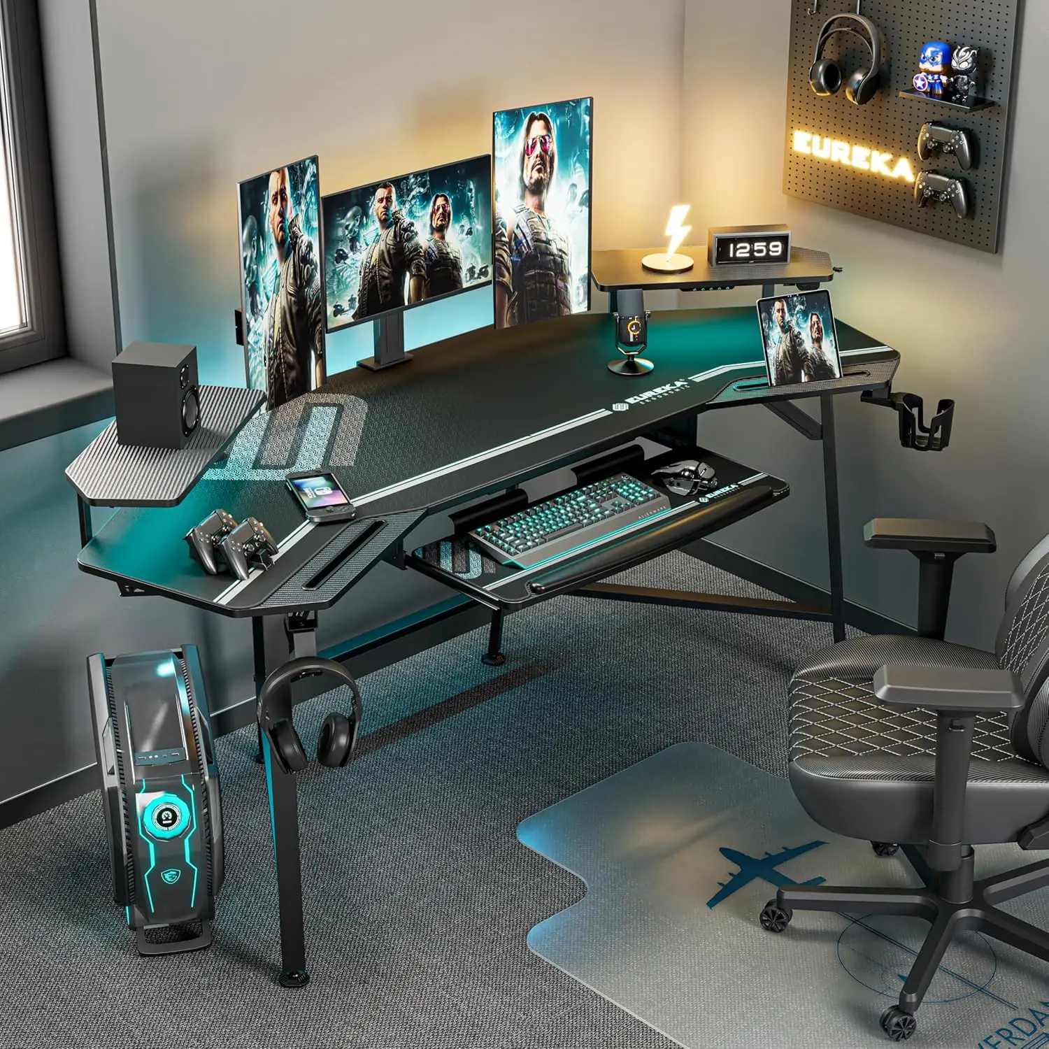 

EUREKA ERGONOMIC Aero Gaming Desk with Led Lights, 72"Large Wing-Shaped Studio Desk W Keyboard Tray Monitor Stand Dual Headphone