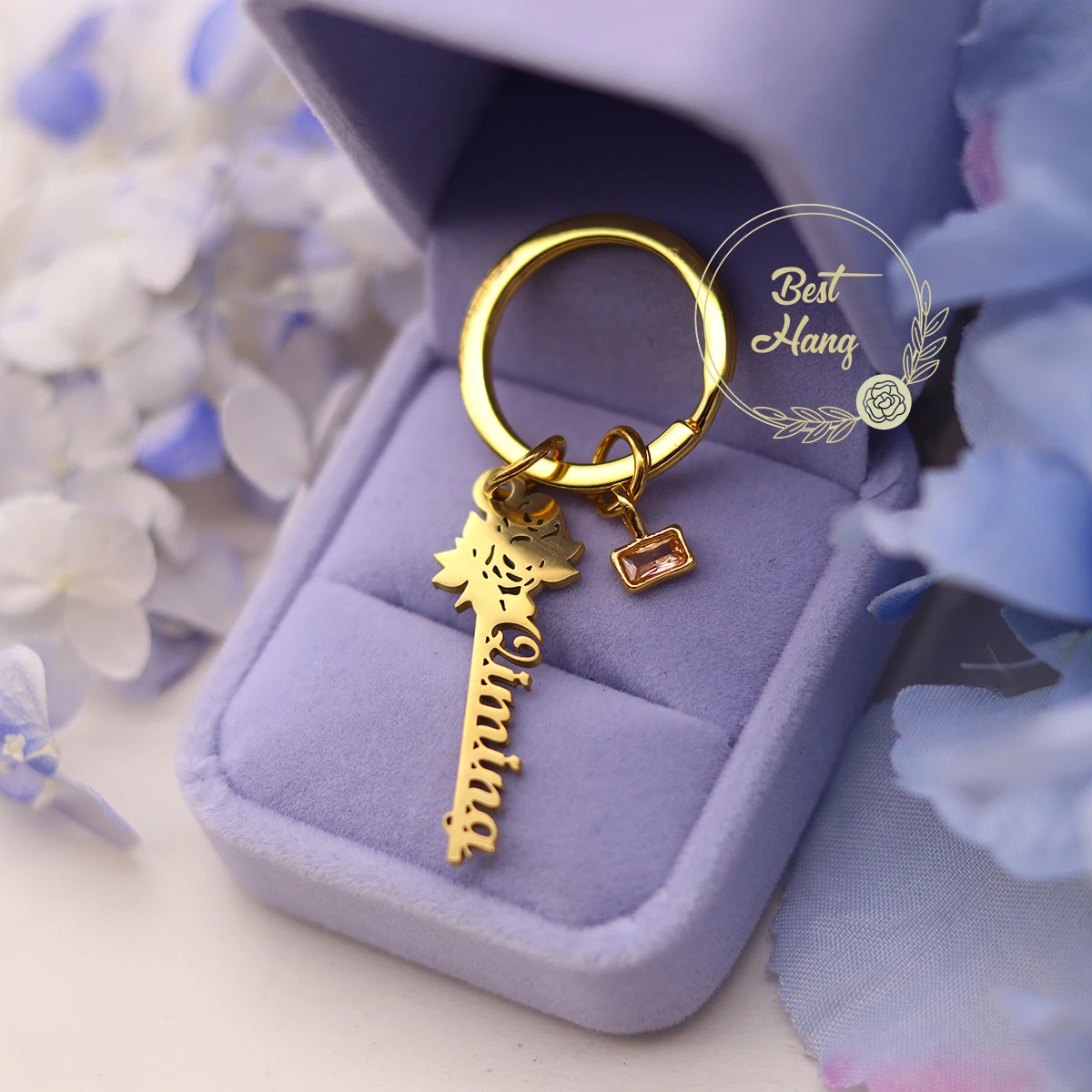

Customized Bohemian Flower Stainless Steel Floral Keyring Custom Name Purple Birthstone Nameplate Keychain Valentine's Day Gift