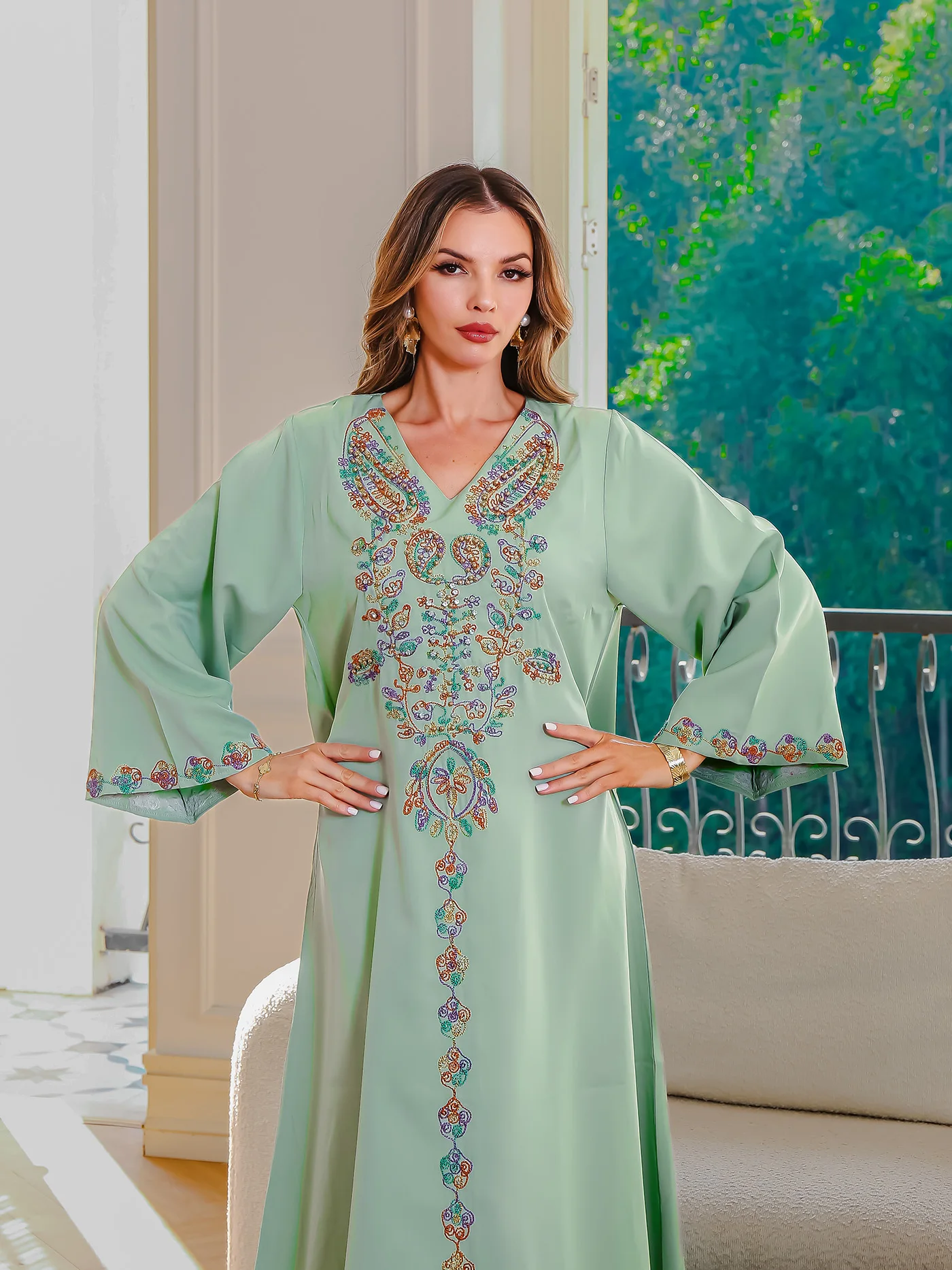 

Elegant Middle Eastern Abaya Robe Ladies-Red Geometric Embroidered Sleeves Loose Traditional dress, Four Seasons Muslim Dresses