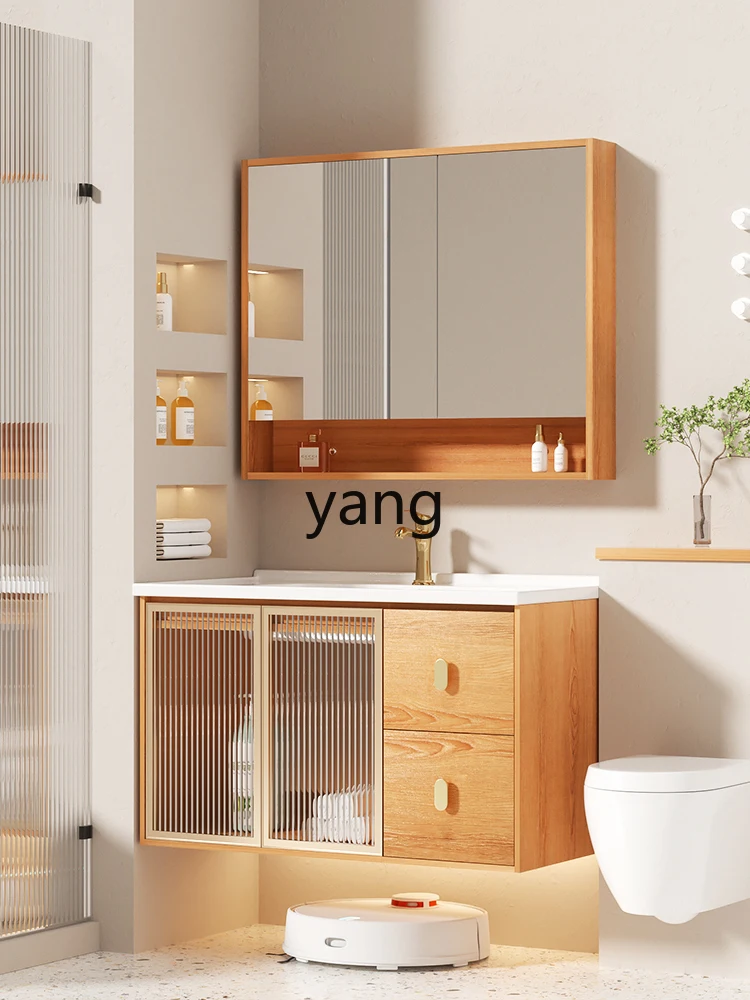 Yjq Solid Wood Mirror Cabinet Washstand Bathroom Storage Combo Ceramic Whole Washbin Washbasin Cabinet