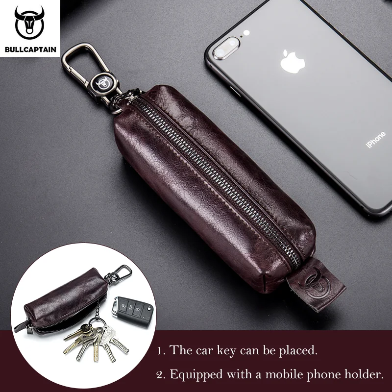 BULLCAPTAIN-Llavero de cuero genuino para hombre, Funda de cuero de alta calidad con Clip para llaves de Butler, con cremallera y dos tarjetas