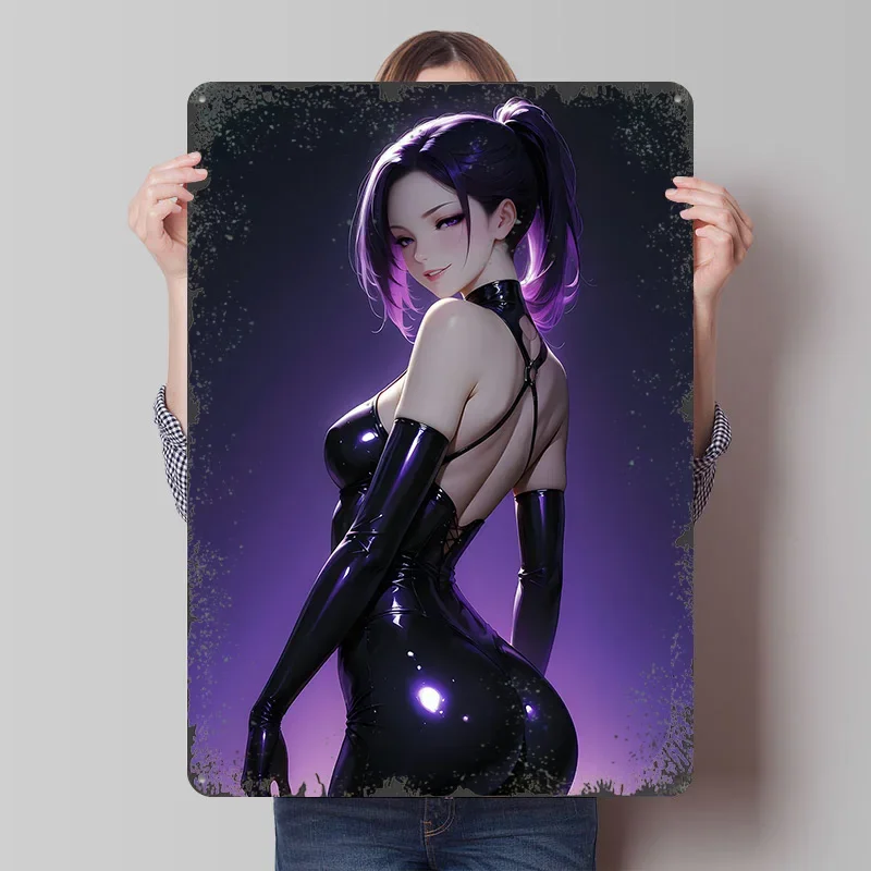 Purple Anime Girl in Latex Printed Poster Customized Wall Art Retro Vintage Metal Tin Signs for Room Ornaments Office Decor Home