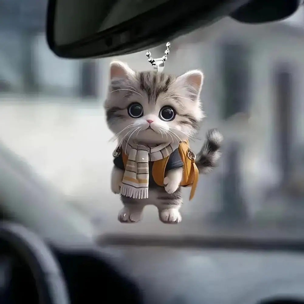 Unique Car Decoration Gift Cat Christmas Ornament Car Accessory Hanging Acrylic Cat Pendant Keychain Flat Cartoon for Car