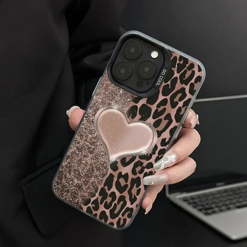 

Brown leopard print heart pattern phone case for iPhone 16 15 14 13 12 11 Pro/ Max/Plus shock-proof rear cover anti-fingerprint