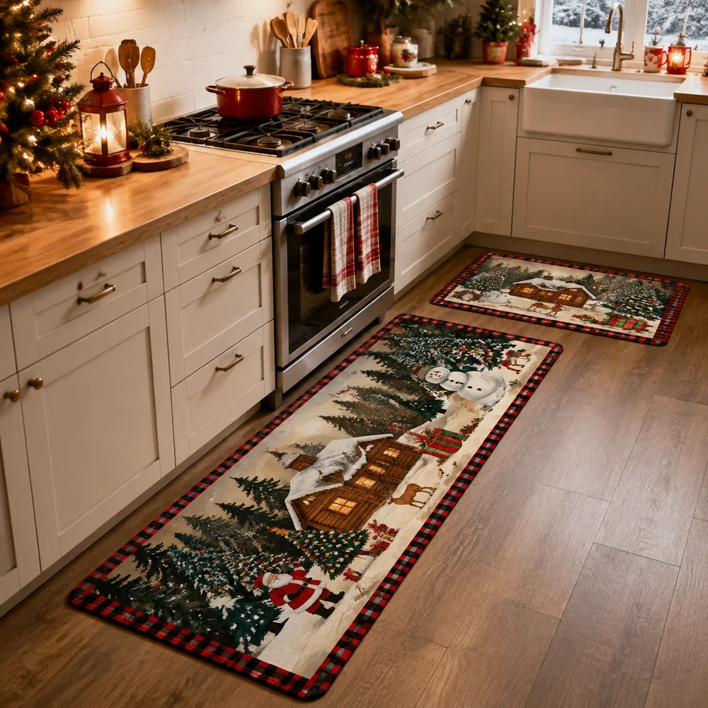 VIKAMA Christmas 1pc/2pc Kitchen Rug Absorbent And Easy To Clean, For Corridors, Dining Rooms, Laundry Room Foot Mat Home Decor