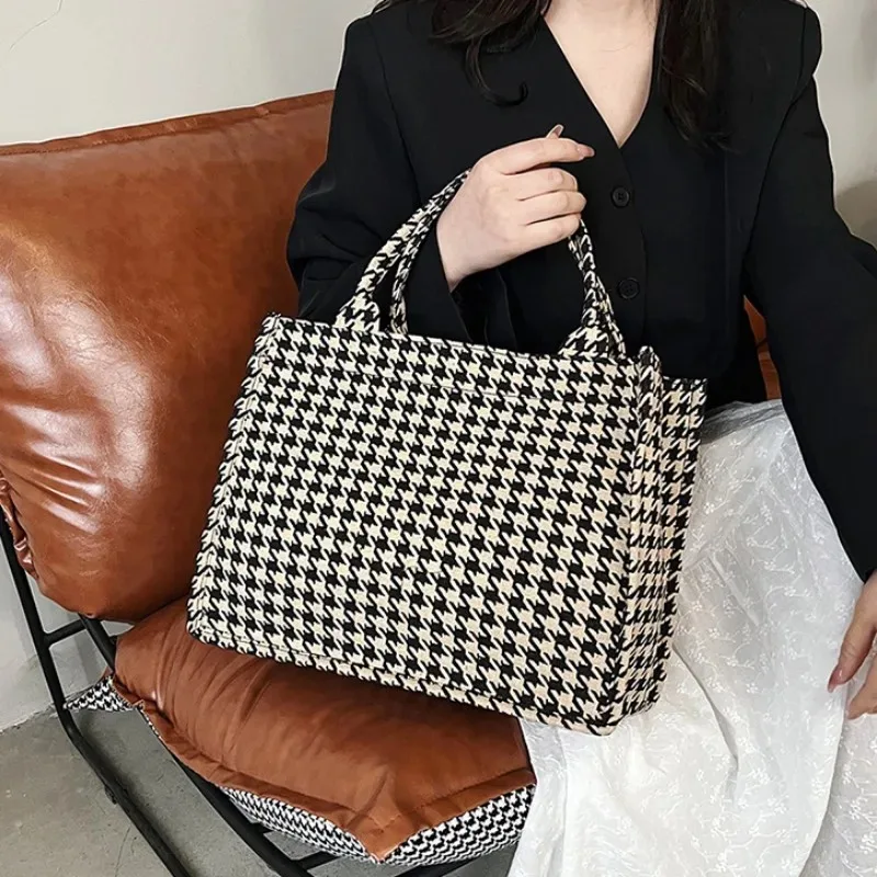 Large Capacity Houndstooth Tote Bags Women Portable Office Lady Canvas Handbags Fashion All-match Shoulder Bag Elegant Bolsos