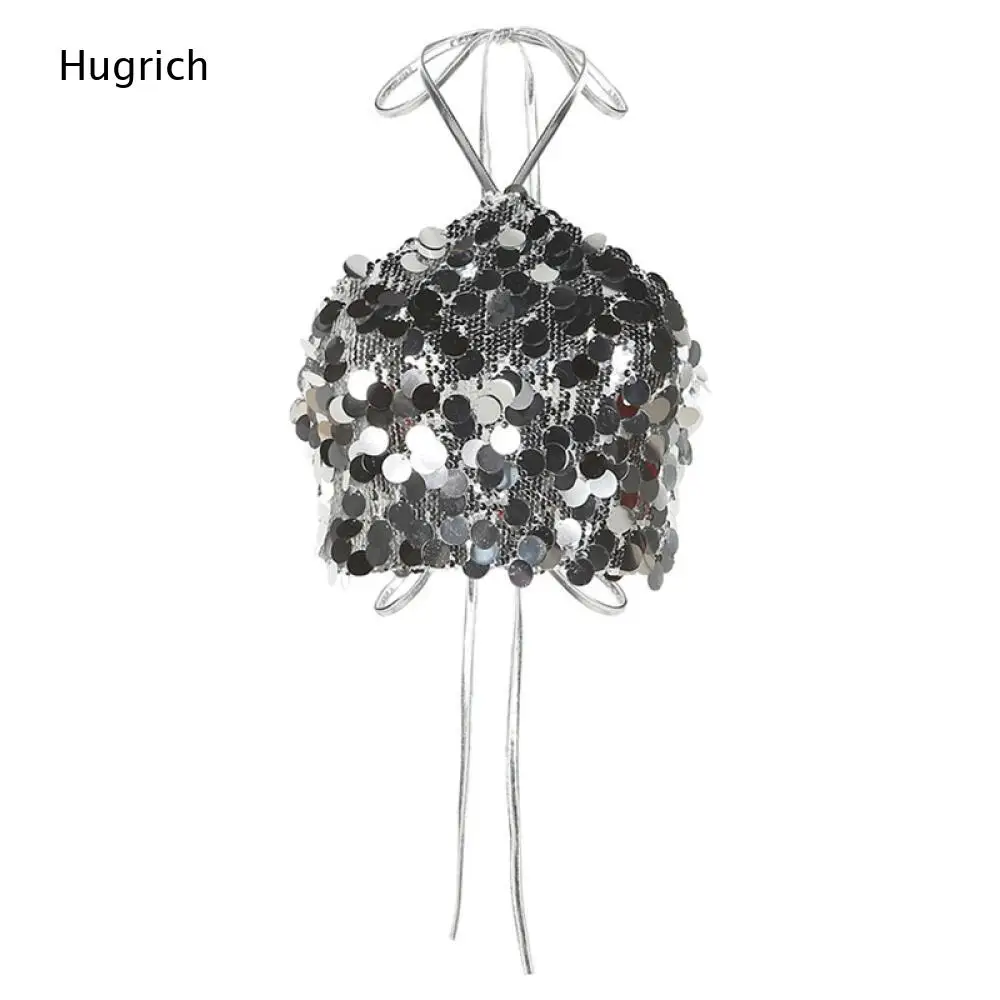 Glitter Sequins Halter Neck Crop Top Women Sleeveless Self String Back Silver Shiny Club Outfit Camisole
