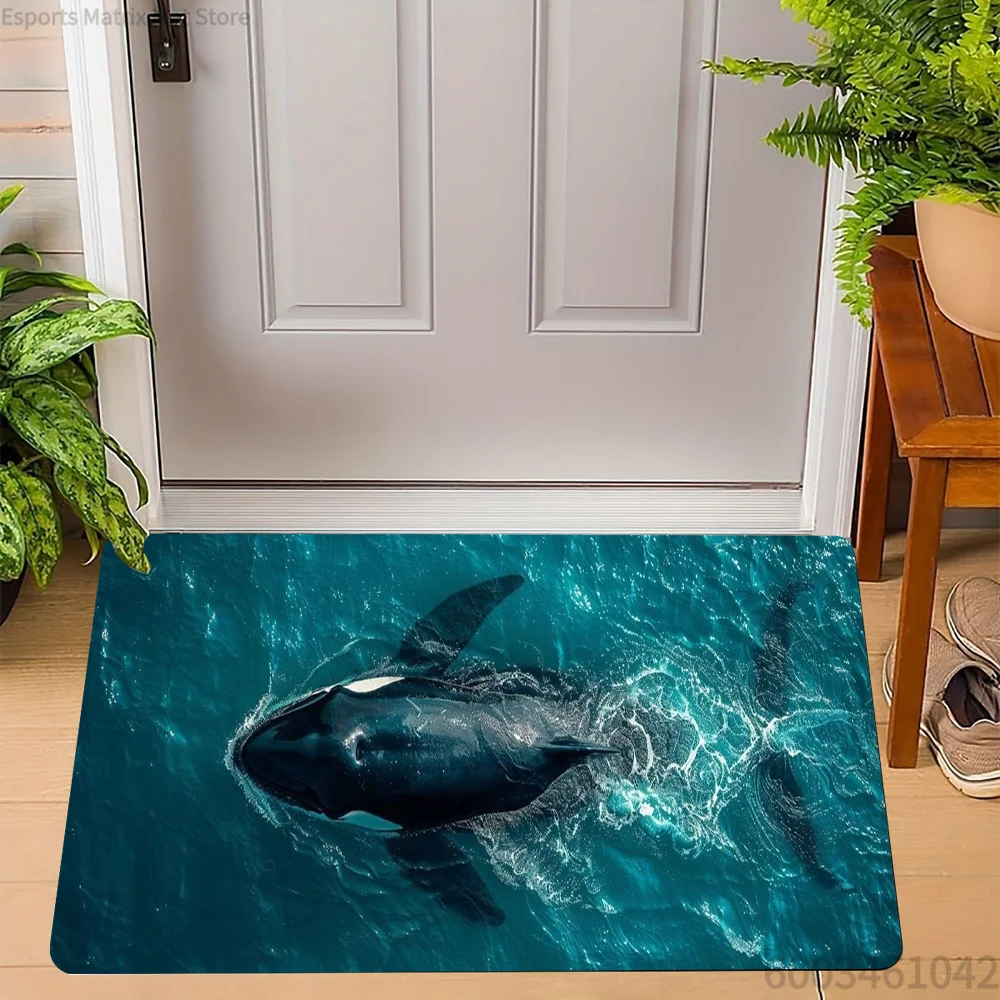 Realistic Orca Pattern Door Mat Cute Killer Whale Designs with Ocean Sunset Splashing Water Scenes NonSlip Floor Mat