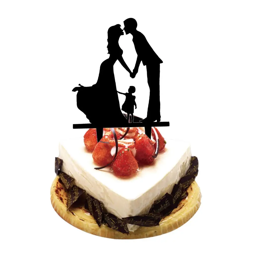 2X Romantic Bride & Groom Silhouette with Kid Acrylic Wedding Cake Topper