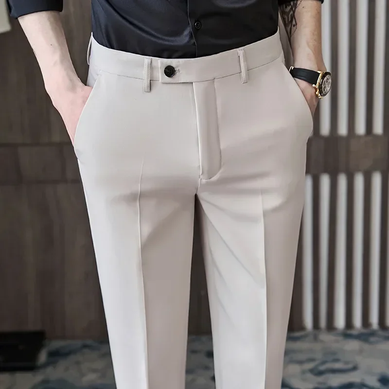 British Style Autumn New Solid High Quality Dress Pant Men Slim Fit Casual Office Trousers Formal Social Wedding Party Suit Pant