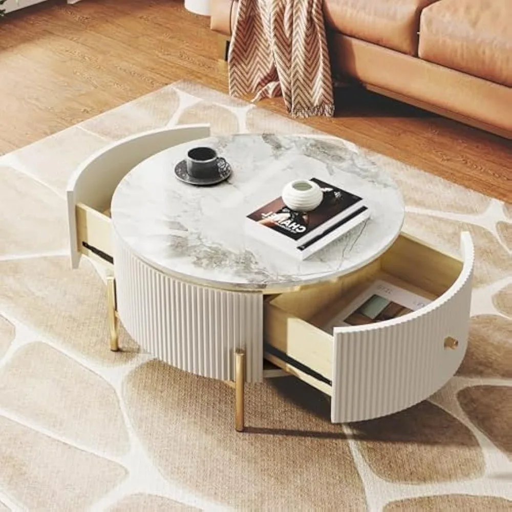

31.5 Round Coffee Table with 2 Large Drawers Storage Modern Exquisite Marble Pattern Golden Legs for Elegance Living Room, Whit