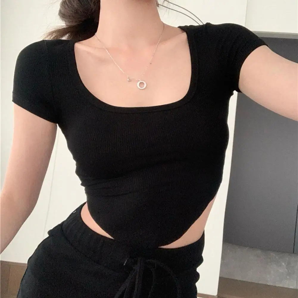 Pure Color High Waist Round Neck Short Sleeve Top Women Casual Solid T Shirt For Daily Vacation Holiday Club Wear Ladies Tops