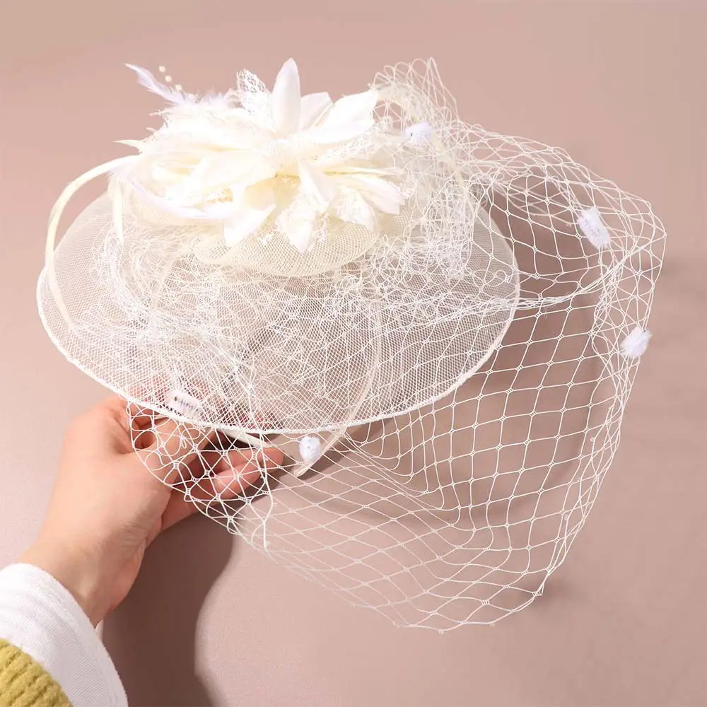 

Elegant French Style Bride Veil Hairdband Hepburn Wedding Bridal Headband Feather Flowers Mesh Veil Face Cover Hair Accessories