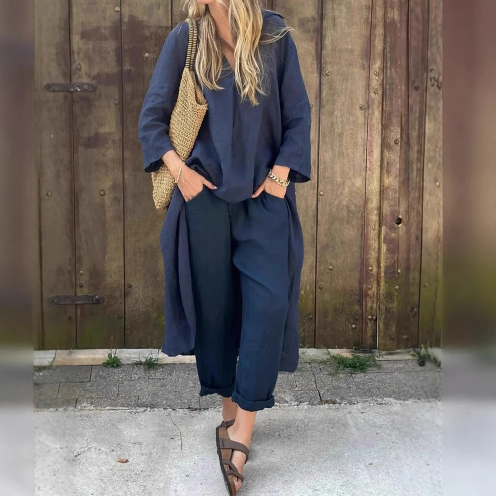 

Pant Set Women Two Piece Sets V Neck Matching Sets Loose Casual Mid Length Tops Long Pants High Waist Summer Y2k Streetwear