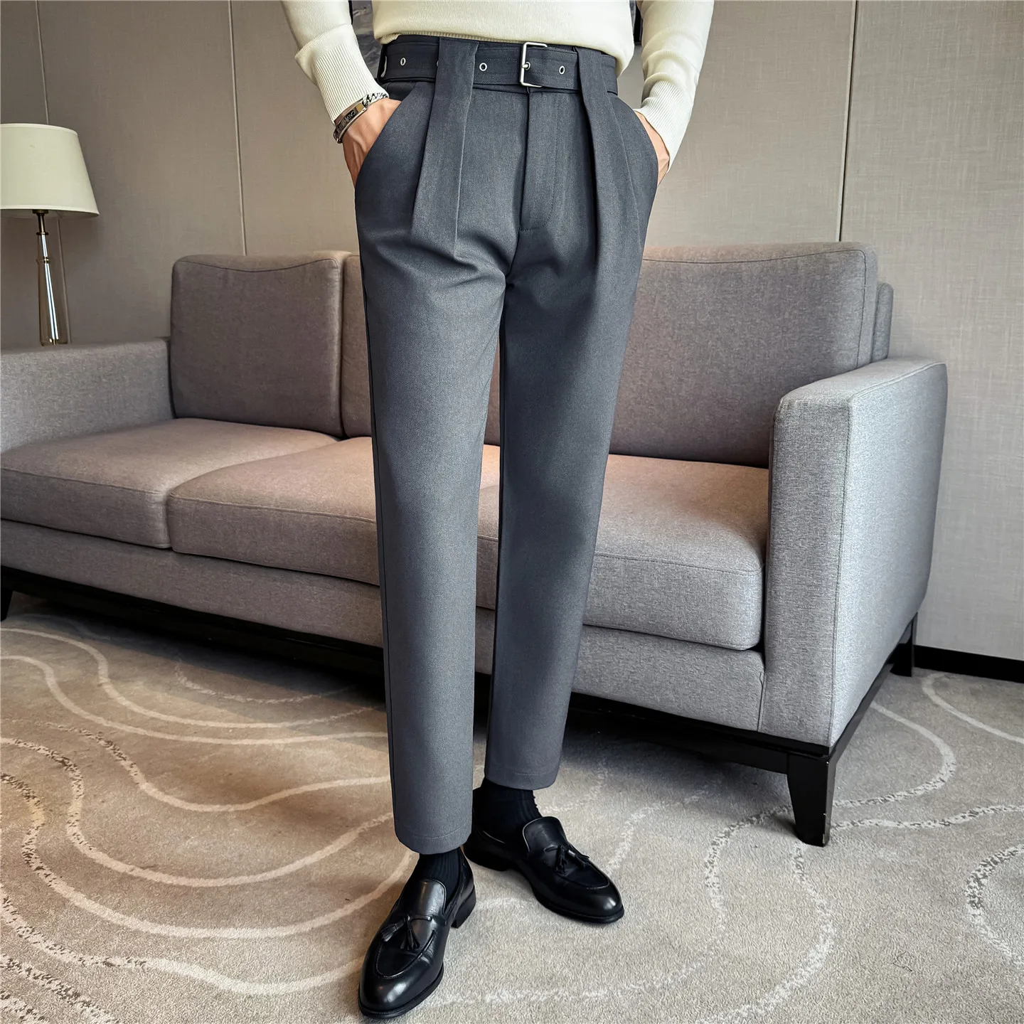 (Comes With Belt) Autumn Winter Thicken Wool Casual Pants Men's High Quality Fashion Design Slim Fit Social Party Trousers