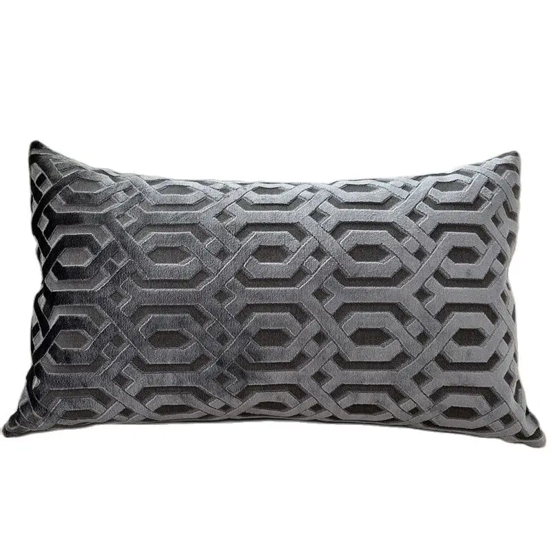 Decorative Waist Jacquard Velvet Grey Geo Cushion Cover Lumbar Sofa Throw Pillowcase Seat Cushion Cover Home from Factory