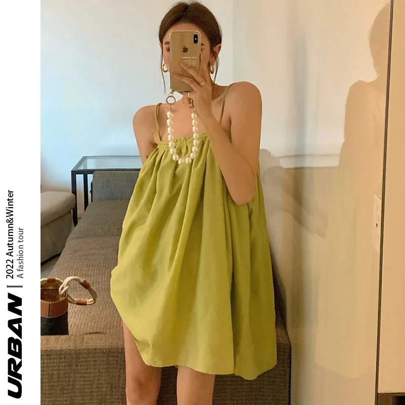 Women Summer Camisole Dresses Strapless Backless Sexy Cute Halter Dresses Beach Casual Vacation Green Dresses Loose Puffy Dress