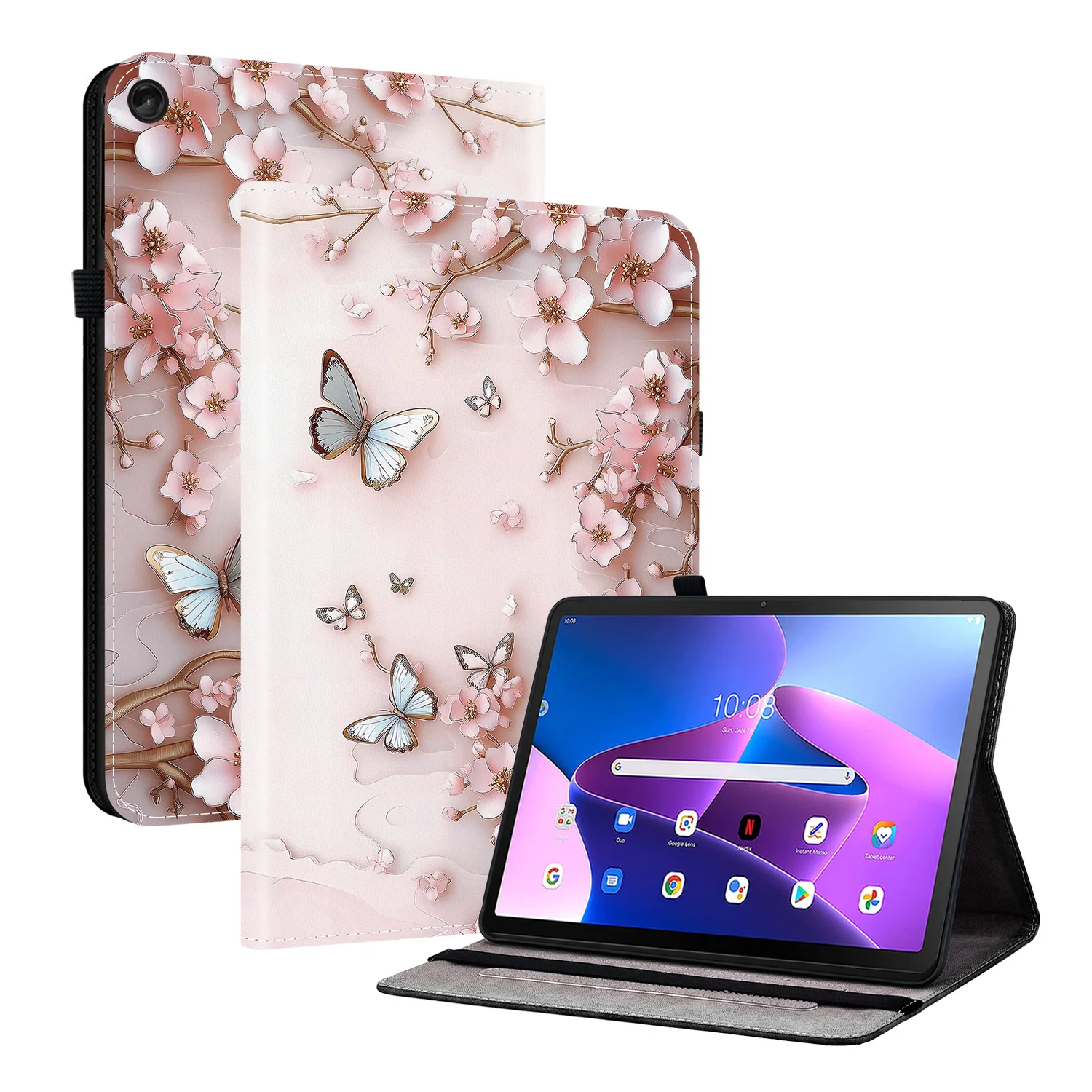 

For Lenovo Tab M10 (Gen 3) Leather Case Pattern Printed Stand Tablet Cover with Card Slots - Pink Butterfly