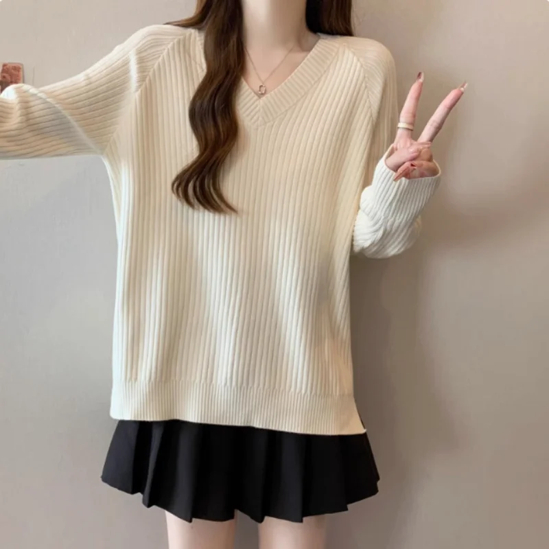 

V-neck Thread Solid Color Versatile Knitted Sweater for Women in Autumn and Winter Loose Fitting Belly Covering Base Sweater ToP