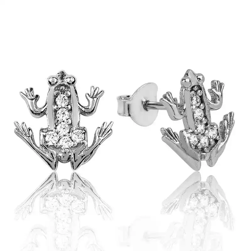 Silver Frog Stud Earrings Zircon Stone 925 Sterling Women for Jewelry Wedding Party Birthday Gift - Box - Fashion - Girl - Special Days