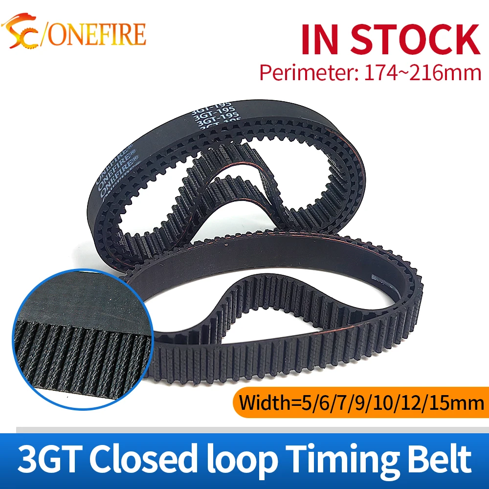 3GT Rubber Loop Timing Belt Length=174 177 180 186 189 192 195 201 207 210 216mm Width 5/6/7/9/10/12/15mm Synchronous Drive Belt