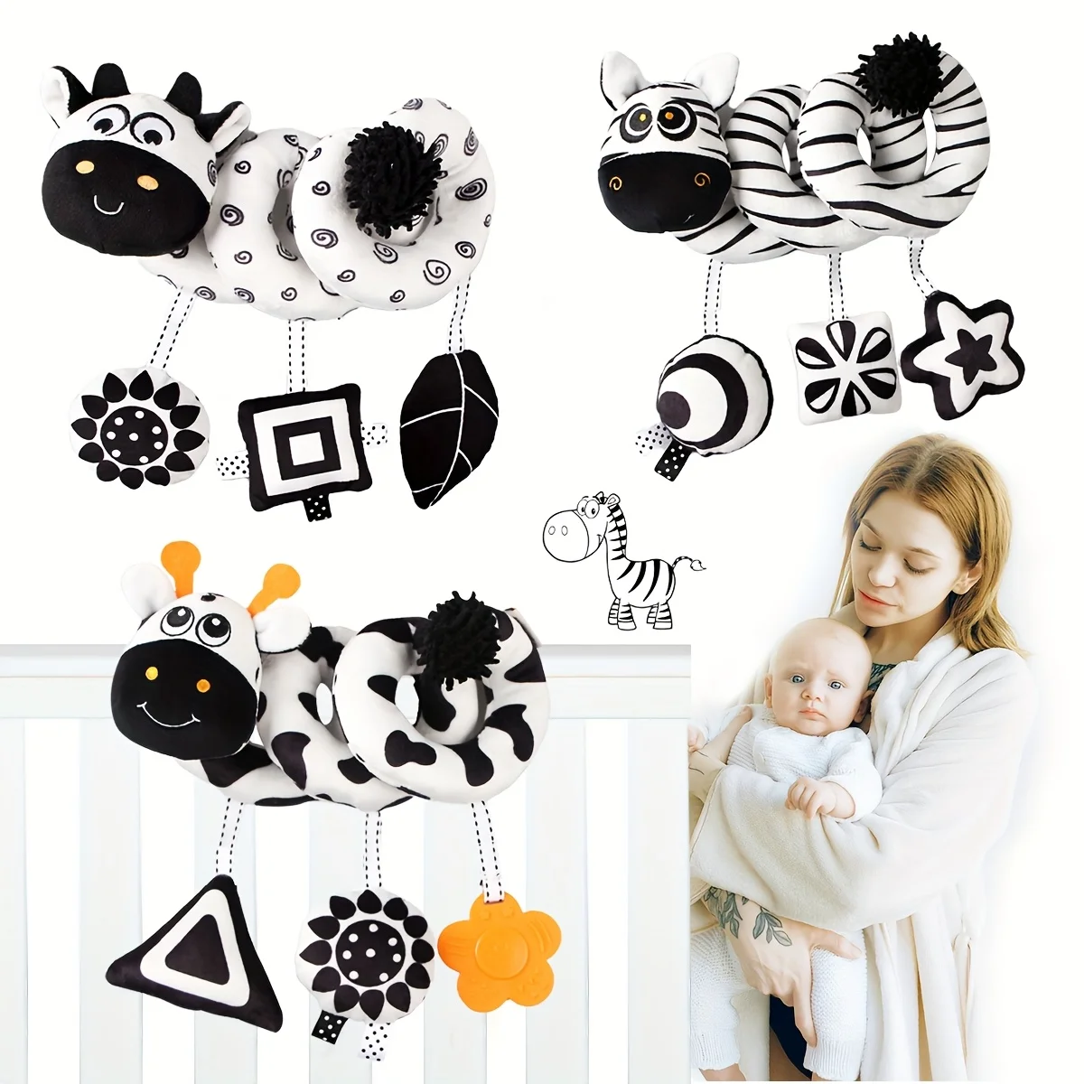 아기의 흑백 동물 시각 자극 침대 와인딩 카, 3개의 만화 장난감이 달린 나선형 플러시 장난감, 무작위 색상