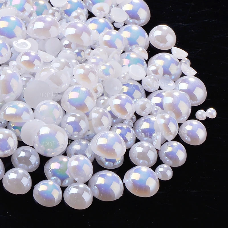 Bulk Wholesale White AB Ivory Beads 2-10mm Imitation Half Round Pearls Flat Back ABS Plastic Glitters DIY Nail Art