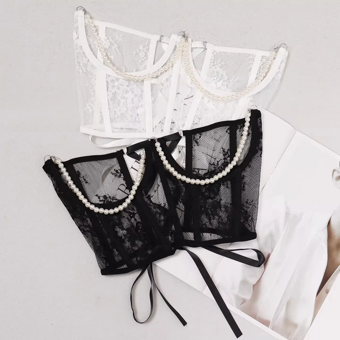 Women's Vintage Pearl Beaded White Black Mesh Lace Cummerbunds Female Dress Corsets Waistband Belts Decoration Wide Belt R2521