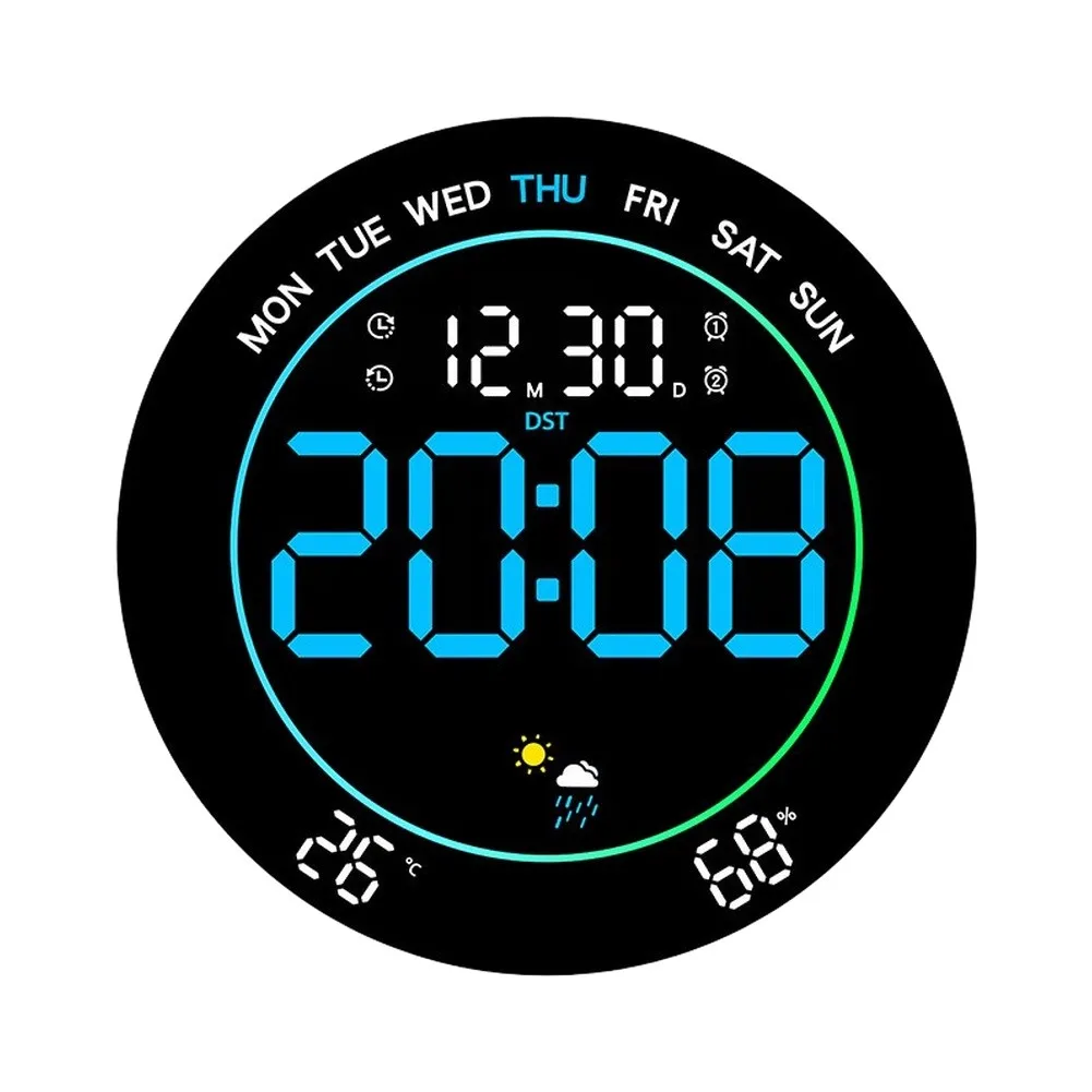 Large Format LED Wall Clock with Weather Forecast Function Countdown Timer Ambient Lighting for Living Room Bedroom Office
