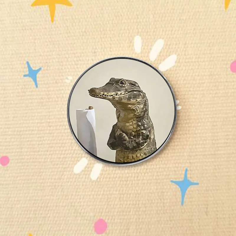 Funny Anthropomorphic Alligator Statue UV Printing Badges Realistic Reptile Art Pin Vintage Animal Lover Decor Metal Brooch